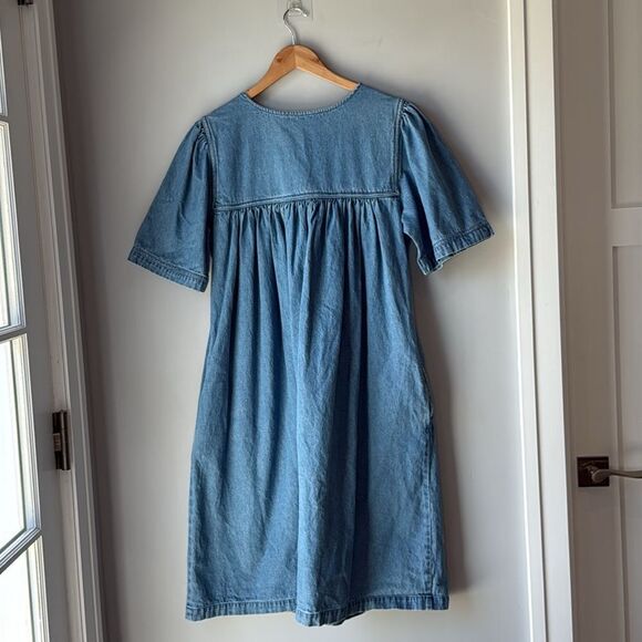 Victorian Era Jean Dress Denim Embroidered Floral Butterfly - Picture 4 of 7